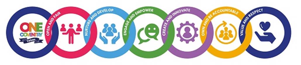 The Image “Our Values” is an image of text. It is a logotype for our One Coventry Values - Open and fair, Nurture and develop, Engage and empower, Create and innovate, Own and be accountable, Value and respect